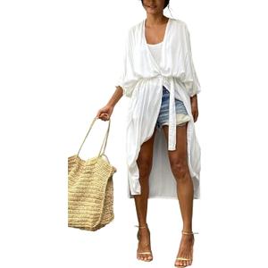 CHERRY CAT Women Beachwear Long Beach Coverups Casual Dress Solid White (White)