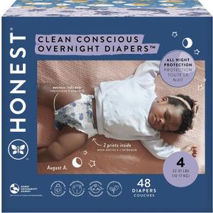 The Honest Company Clean Conscious Overnight Diapers for Sensitive Skin Hypoallergenic Fragrance-Free Baby Cozy Cloud and Star Signs Design Club Box Size 4 (2237 lbs) 48 Count