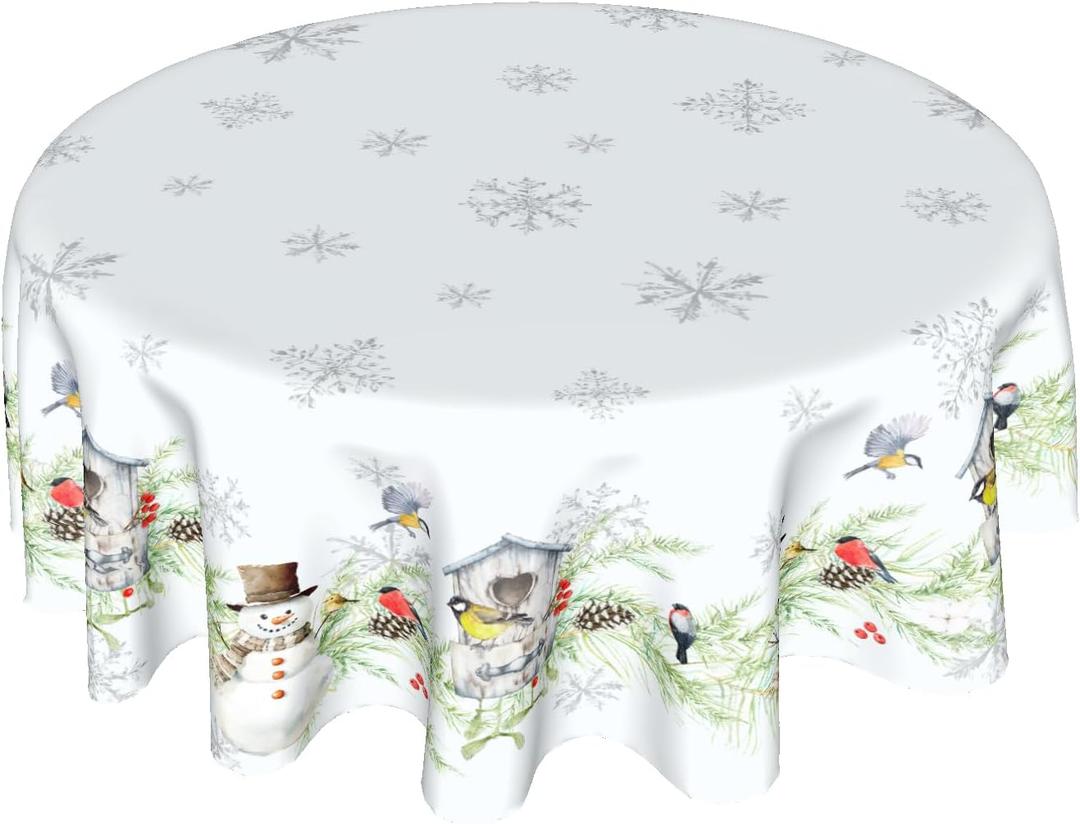 Winter Xmas Tablecloth White Winter Snowman Round Tablecloth 60inch Merry Christmas Tablecloth Round Winter Table Cloth Snowflake Table Cover for Home Kitchen Dinner Holiday Party Indoor Outdoor Decor