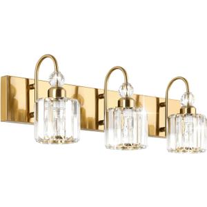 Ralbay Brass Gold Bathroom Vanity Lights 3-Lights Brass Gold Crystal Vanity Lights Over Mirror Modern Crystal Brass Gold Bathroom Vanity Lighting Fixtures (3-light, Round-Brass)