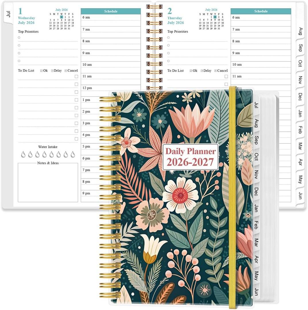 2026-2027 Daily & Monthly Planner - One Page Per Day, Daily Planner 2026-2027 from July 2026 to June 2027, Planner 26-27 with 12 Monthly Tabs, 6.4" x 8.5", Flower-B