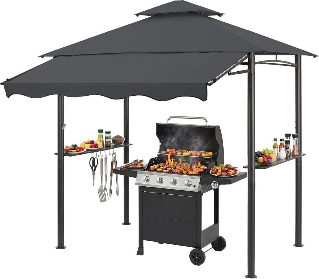 5x8 Grill Gazebo with Extra Awning, All-Weather Steel Construction, Double Tiered & Resistant Canopy Roof, Metal Serving Shelves, 2 LED, Bottle Opener for Patio, Backyard, BBQ (Dark Gray)