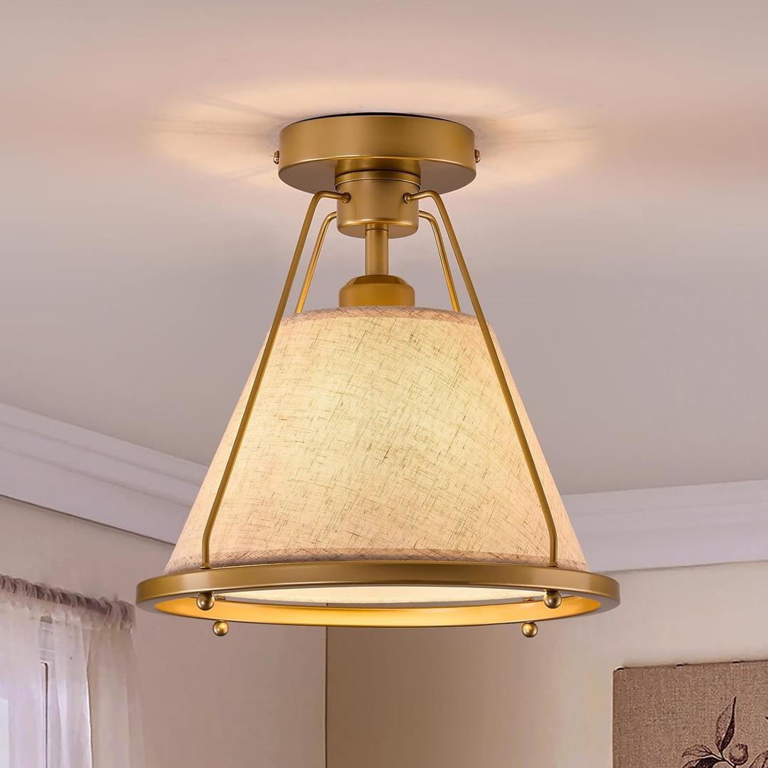 Gold Semi Flush Mount Ceiling Light Fixture with Fabric Shade Modern Bedroom Light Fixture Farmhose Close to Ceiling Light for Living Room Kitchen Hallway Entryway