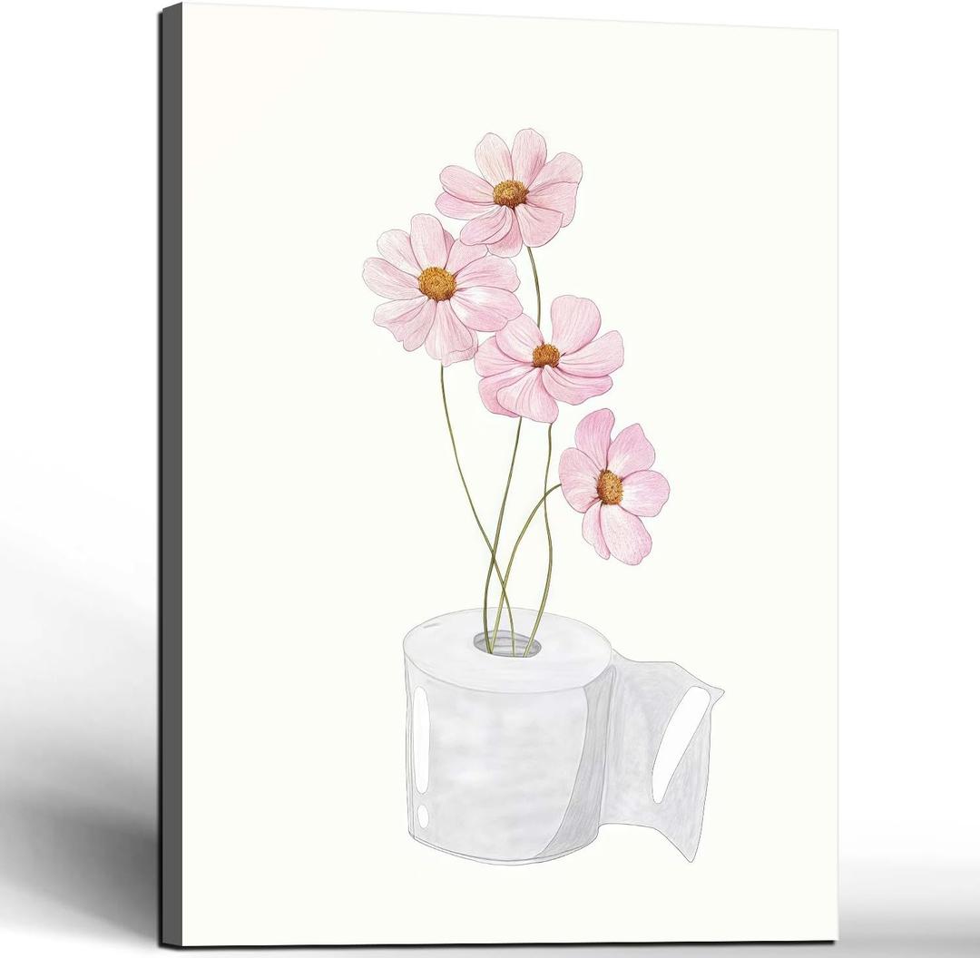 Framed Bathroom Canvas Wall Art Pink Floral and toilet paper 16x24 Decor, 16x24in