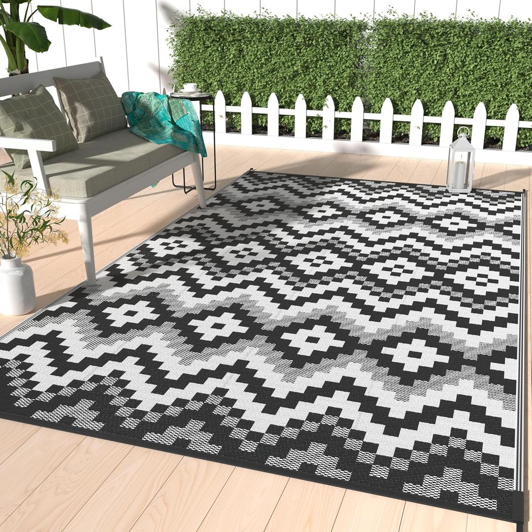 GENIMO Outdoor Rug Waterproof 5x8 ft, Lightweight Plastic Straw Rugs, Outside Reversible Area Mat Carpet for Patio, Camping, RV, Deck, Balcony, Porch, Backyard, Black & White