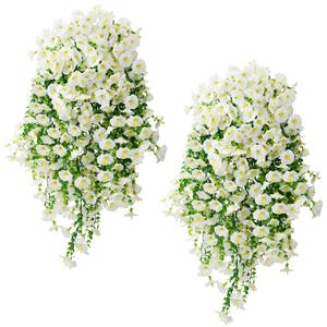 Fanfantoey Artificial Hanging Flowers for Outdoors, 2Pcs UV Resistant Fake Flowers, Realistic Faux Petunias Silk Long Vines Morning Glory Eucalyptus for Outside Planter Porch Patio Decor, White