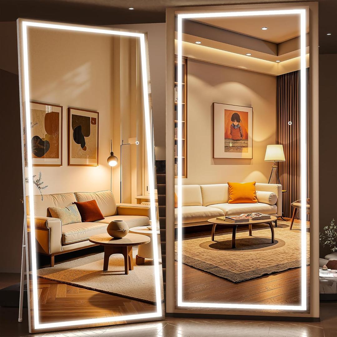 Full Length Mirror with Lights, 95" x 40" LED Lighted Floor Standing Mirror, Tempered Glass, Square White