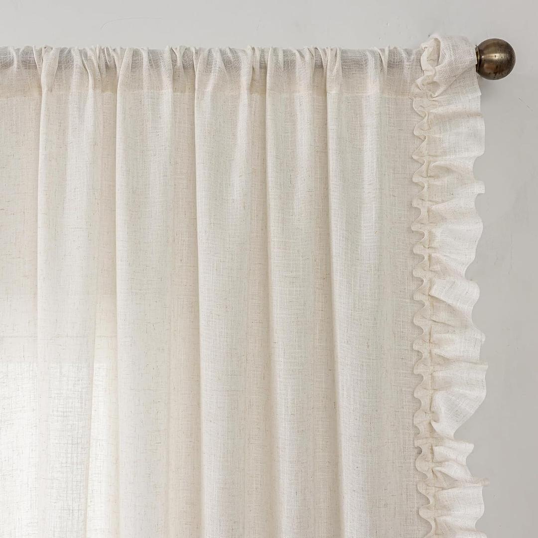 TERLYEX Ruffle Curtains 72 Inch Length 2 Panels, 58 x 72 Inch, Natural Linen Textured Ruffled Window Curtain Panel Set Rod Pocket Privacy Cottage Drapes Light Filtering Semi-Sheer Flowy Curtains