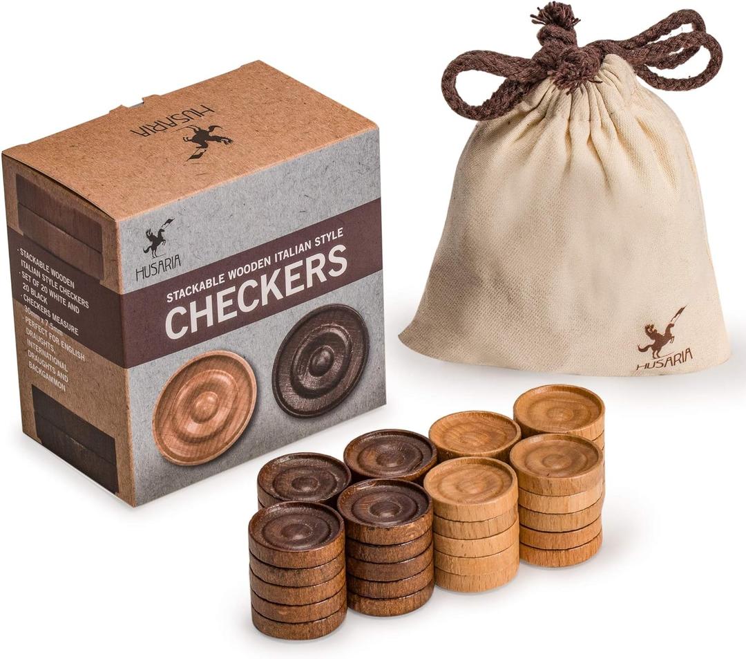 Husaria Wooden Italian Style Checker Pieces with Stackable Ridges and Drawstring Pouch, 40 Pieces