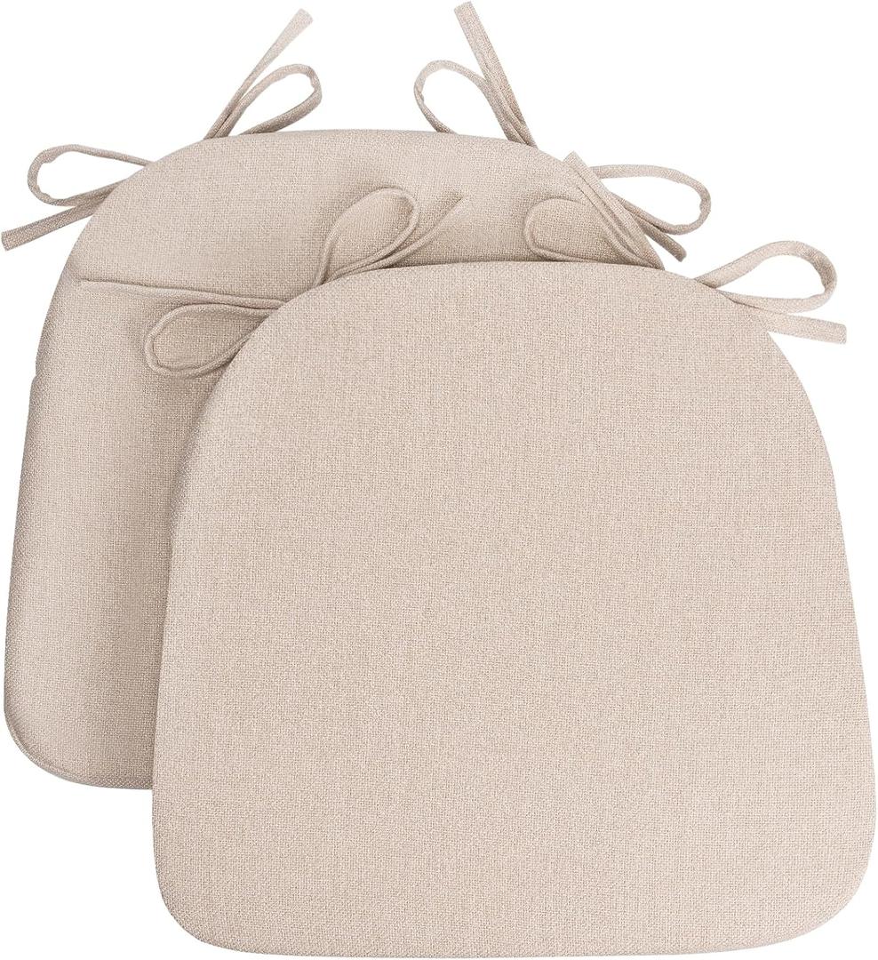 Sunsleek Chair Cushions for Dining Chairs, D-Shaped Seat Cushions with Removable Washable Cover and Ties, Chair Pads for Kitchen, Indoor Dining Room, Patio Chairs, 17'' x 16'', Set of 2, Beige