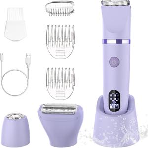 3-in-1 Electric Razor IPX7 Waterproof Bikini Trimmer Wet & Dry Use Painless Personal Trimmer Groomer for Ladies Face Body Legs Bikini Public Hairs Electric Lady Shaver with Replaceable Heads (Purple)