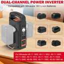 Dual-Channel Power Inverter for Milwaukee M-18 18V Battery, 4-Type Output Ports: Output Port AC 110V 180W, USB/Type C Port 18W PD3.0, DC 12V Output Port, with LED 800 LM Light