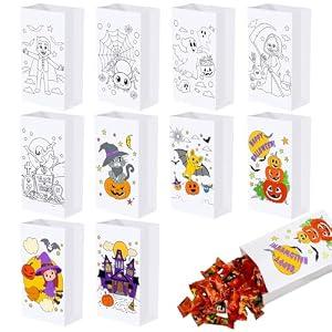 Kolldenn 100 Pcs Color Your Own Halloween Treat Bags Coloring Halloween Bags DIY Halloween Paper Gift Bags Bulk DIY Pumpkins Ghost Bat Bags Halloween Craft Candy Goodie Bag Stuffer Filler Bag
