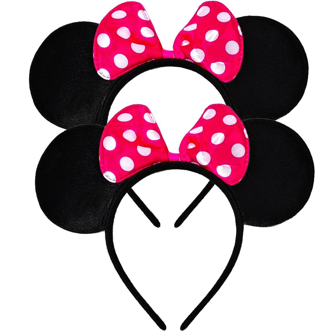Mado 2 Pack Mouse Ears Headbands for Adults Women Little Girls Boys (Fuchsia Polka Dot, Onesize