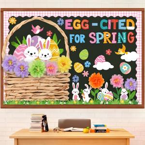 Pasimy 72 Pcs Spring Easter Bulletin Board Decorations 3D Egg Bunny Flowers Paper Cutouts Classroom Decors Egg Cited for Spring with Grass Flowers Birds Bunny for Home Nursery School Party Supplies