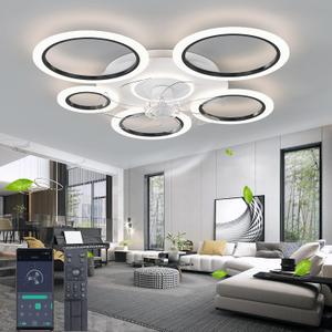 36" Quiet LED Ceiling Fan with Lights, Low Profile Bedroom Fan Black, 90CM