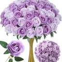 50 PCS Purple Roses Artificial Flowers, Real Looking Fake Roses with Long Stems Silk Flowers for DIY Wedding Bouquet Party Celebration Home Bridal Shower Decoration Valentine's Day Gift for Her Wife