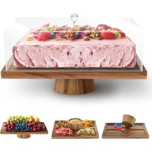 MAONAME Acacia Wood Cake Stand with Lid, 3 in 1 Rectangular Cake Holder, Wooden Cakes Plate with Strong Lagnetic Base, Dessert Table Display Set for Wedding, Birthday, Party