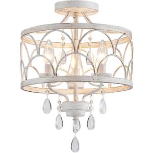 Crystal Ceiling Light Fixture, Modern Small Chandelier Light Fixture, Farmhouse White Semi Flush Mount Ceiling Light, Round Hallway Lighting Fixtures for Bedroom Entryway Dining Room Living Room, 16" High 12.8" Wide