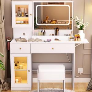Makeup Vanity Desk with Lights, Makeup Vanity Desk with Mirror and Lights 3 Colors, Vanity with Stool and Power Outlet, White Vanity Set with 2 RGB Tempered Cabinets, Dressing Table for Bedroom(White)