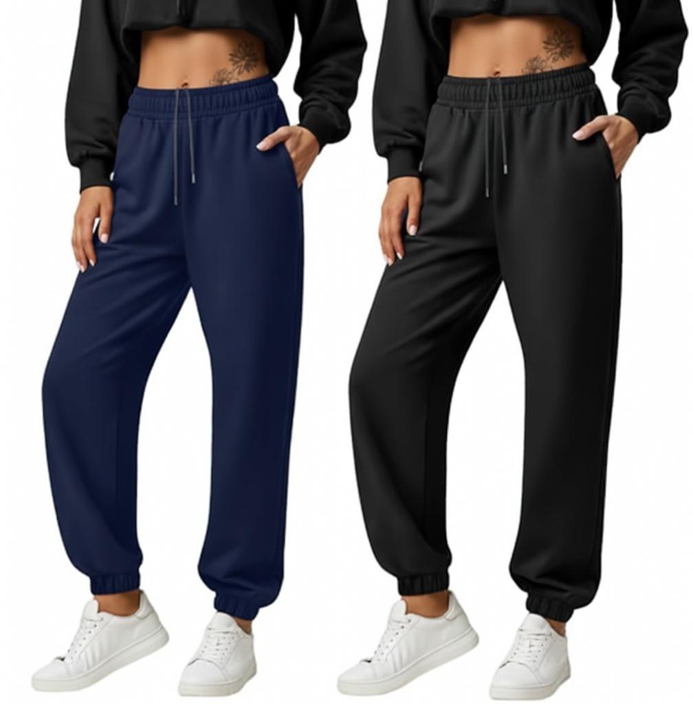 Baggyfly 2 Pack Women's Joggers Sweatpants with Pockets, Elastic High Waisted Drawstring Baggy Lounge Trousers Yoga Workout, M, Blue, Black