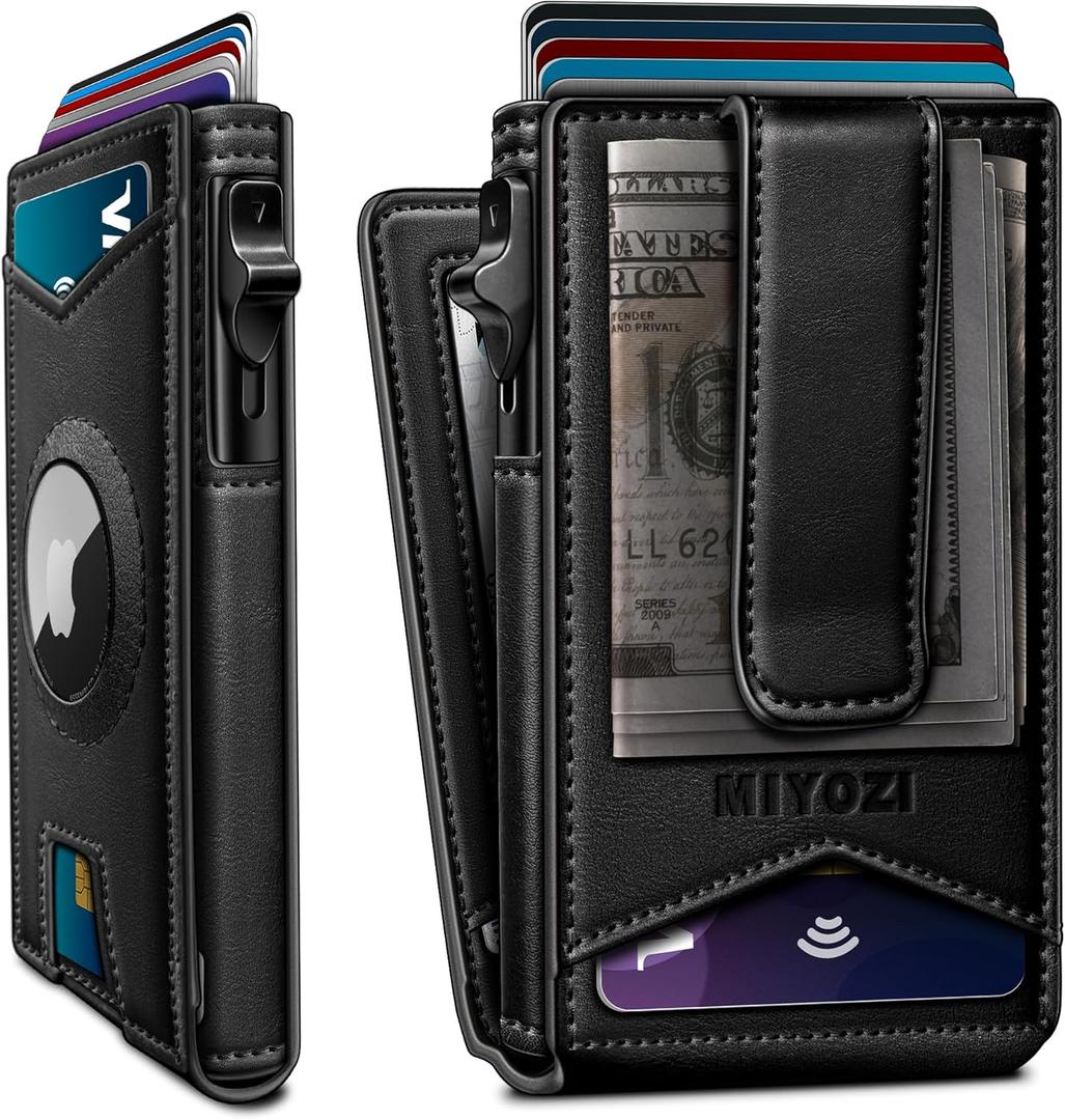 miyozi Airtag Wallet for Men Money Clip 9-Card Pop-Up Credit Card Holder with ID Window RFID Blocking Metal Case Magnetic Closure Front Pocket Wallet Gift Box (Black055)
