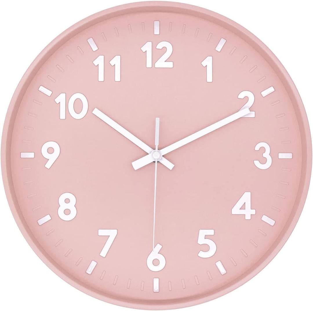 JENLYSTIME 12 Inch 3D Number Modern Wall Clock, Round Bright Colorful Dial, Non Ticking Silent Quartz Battery Operated Wall Clocks, Easy to Read Simple Style Decor Clock for Bedroom, LivingRoom(Pink)