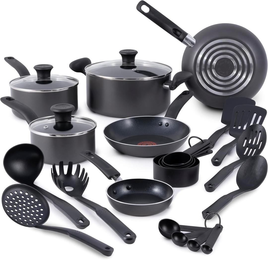 T-fal Initiatives Nonstick Cookware Set 18 Piece, Oven Broiler Safe 350F, Kitchen Cooking Set w/Fry Pans, Saucepans, Stockpots, Skillet, Spoons, Lids Pots and Pans Set, Dishwasher Safe, Stone Grey