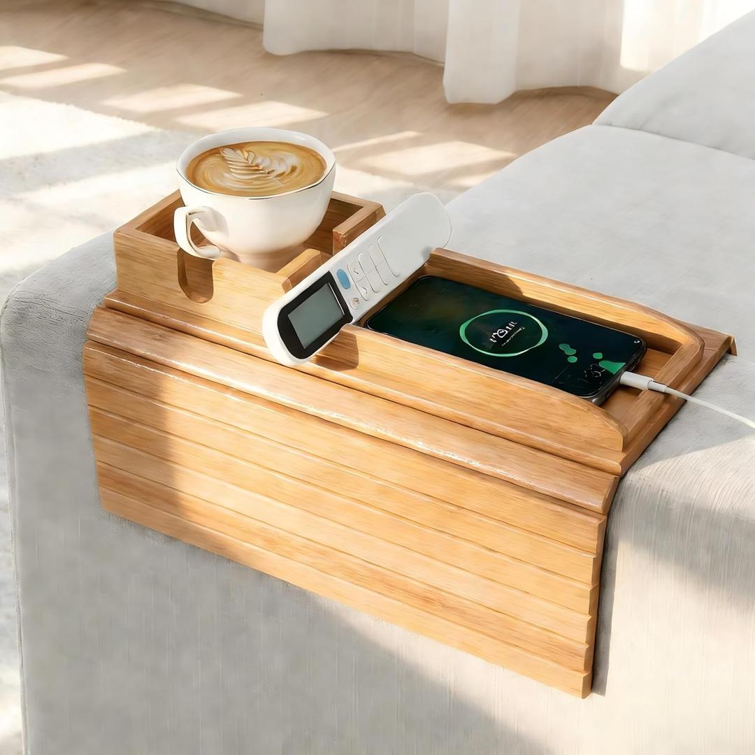 Yoshiky Bamboo Couch Armrest Table, Couch Arm Tray with Removable Couch Cup Holder, 2 in 1 Design Foldable Anti-Slip Bamboo Couch Tray and Sofa Cup Holder for Drink