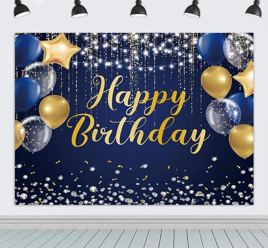 ZhrGoflli Happy Birthday Backdrop 8x6ft Navy Blue Balloons Glitter Photo Background for Boy Men Birthday Party Fabric Banner Large Party Decorations