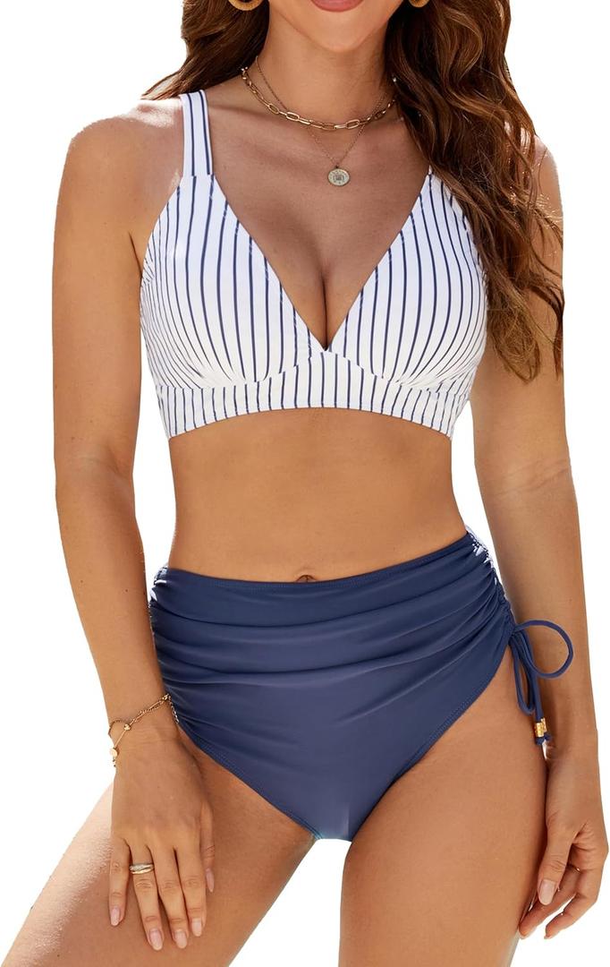 Edelqual Womens High Waisted Bikini Sets Tummy Control Swimsuit Two Piece Drawstring Bathing Suit Tankini Summer Modest Swimwear Resort Cruise Wear Matching Outfits (Striped Blue, M)