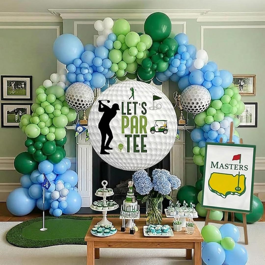 Hole in One Balloon Garland Arch Kit Green and blue Balloon Arch Kit with Lets Partee Backdrop Banner for Masters Birthday Baby Showers Retirement Parties Golf Events Decor