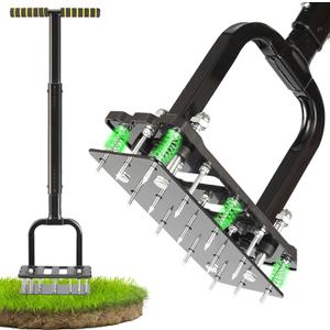 Lawn Aerator Spike Tool with 15 Iron Spikes & 6-Spring, Dual-Layer Self-Cleaning Design, Thickened Support Rod, Plastic Non-Slip Shell, Effortless Soil Loosening & Yard Aeration