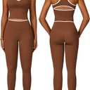 Women 2 Piece Workout Sets Racerback Color Block Tank Tops High Waist Tummy Control Active Leggings Yoga Outfits (Small, Brown)