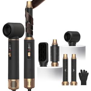 5 in 1 Hot Air Styler Brush, 1000W Hair Dryer with LCD Display, Auto Rotating Curler for Volumizing Fast Drying, Curling & Straightening Multi Styling Tools for All Hair with 3 Levels (Black)