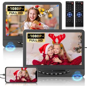 12.5" Dual Portable DVD Player for Car with 1080P HDMI Input, DESOBRY Car DVD Player Dual Screen Play A Same or Two Different Movies, 5 Hours Rechargeable, Support USB, Region Free