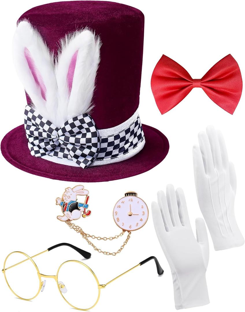 QLINLEAF White Rabbit Costume Bunny Ear Top Hat Rabbits Ears Topper Plush Hat Mad Hatter Set for Easter Halloween Cosplay (Burgundy)
