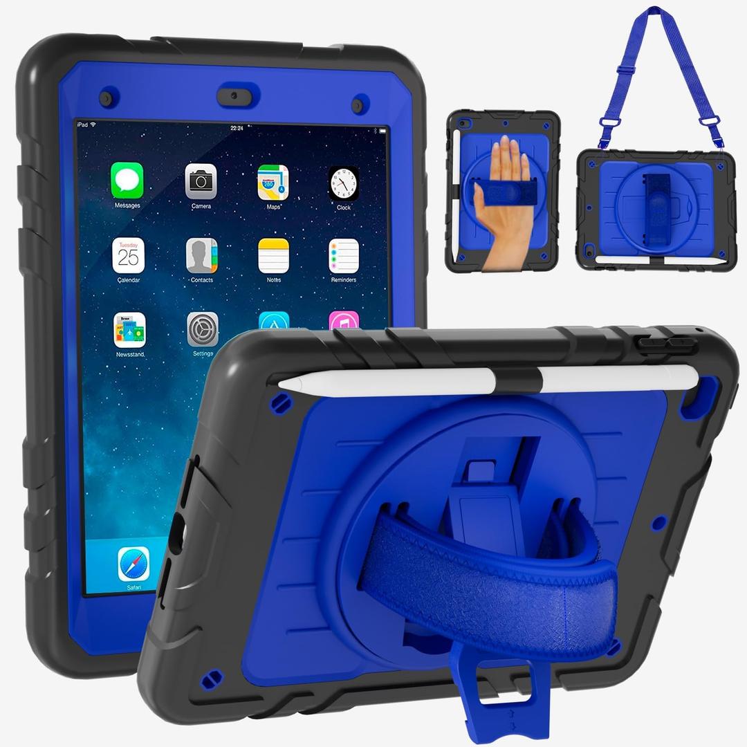 Case for iPad mini 5/4 with Pencil Holder [360 Rotating Hand Strap] & Stand, Drop-Proof Case for iPad mini 5th/4th Generation 7.9 inch (Black+Blue)