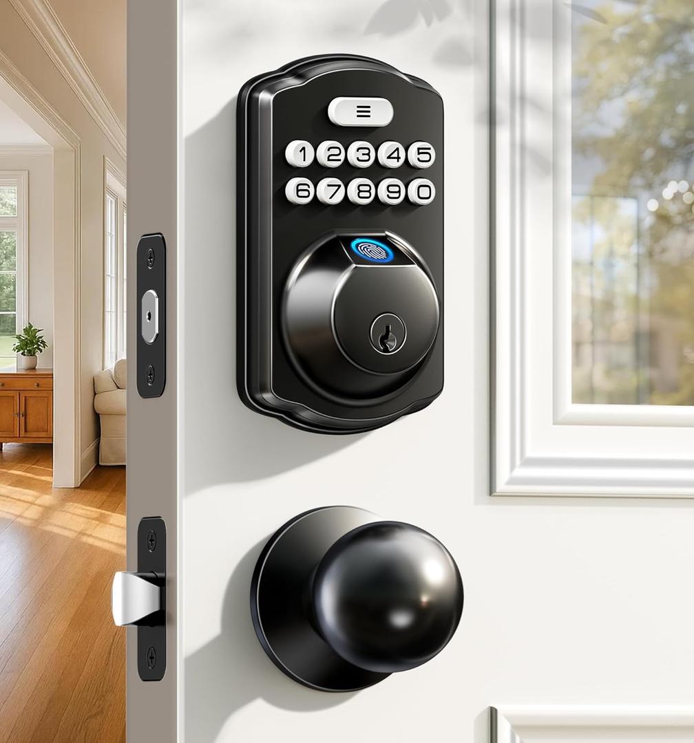 Veise Fingerprint Door Lock with 2 Knobs - Keyless Entry Door Lock with Handle, Electronic Keypad Deadbolt, Smart Front Handle Set, Auto-Locking, Waterproof, Easy Installation, Matte Black
