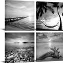 sechars - Black and White Beach Wall Art Seascape Painting Sunrise Scenery Picture Giclee Canvas Print Framed for Living Room Bedroom Bathroom Home Office Wall Decoration (12L" x 12W")