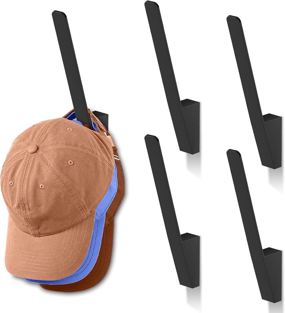 Kssvzz 5 Pack Metal Hat Racks for Baseball Caps - Wall Holder, Storage Organizer for Ball Caps, Heavy Duty Hangers With Strong Adhesive/Wall Drilled for Closet, Bedroom, Door, Home (Black)
