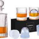 Whiskey Decanter Set with Gift Box - Includes 2 Crystal Bourbon Glasses and 2 Big Ice Ball Molds - Whiskey Glasses Set for Scotch, Cocktails, Rum, Cognac, Vodka - Unique Gift for Men