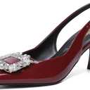 Women's Slingback Kitten Heels Closed Pointed Toe Dress Shoes with Rhinestone Wedding Party Pumps Patent Leather Dating Working (7.5, Burgundy Red)