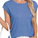 LA BAISEO Womens Casual Cap Short Sleeve Striped Tops Summer Open Back T-Shirts Crew Neck Basic Shirts L