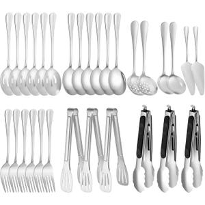 30 Piece Stainless Steel Serving Utensils Set - Buffet Serving Spoons Forks Tongs for BBQ, Parties, Catering, Weddings, Events - Silver