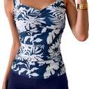B2prity Women's Tankini Swimsuit Tummy Control Ruched Two Piece Bathing Suit Push Up Modest Swim Suits with Shorts M Print, Navy Blue
