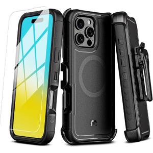 M MYBAT PRO Maverick Series iPhone 16 Pro Max Case with Belt Clip Holster,[Compatible with Magsafe] w/Screen Protector,Anti-Drop,Shockproof,with 360Rotating Kickstand,Heavy Duty Protection Black