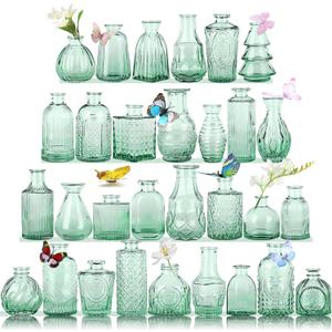 Glass Bud Vases in Bulk Set of 30 Pcs, Small Glass Vases for Flowers as Wedding Centerpieces for Tables, Clear Flower Vases Suitable for Wedding Decorations, Home Decor (Dark Green, 30 pcs)
