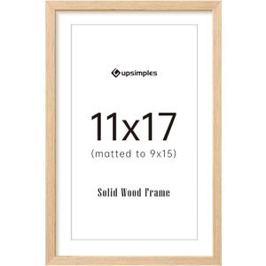 Upsimples 11x17 Picture Frame, Natural Solid Wood Picture Frames, Display 9x15 with Mat or 11 x 17 Without, Vertical or Horizontal Wall Hanging, 1 Pack, Natural