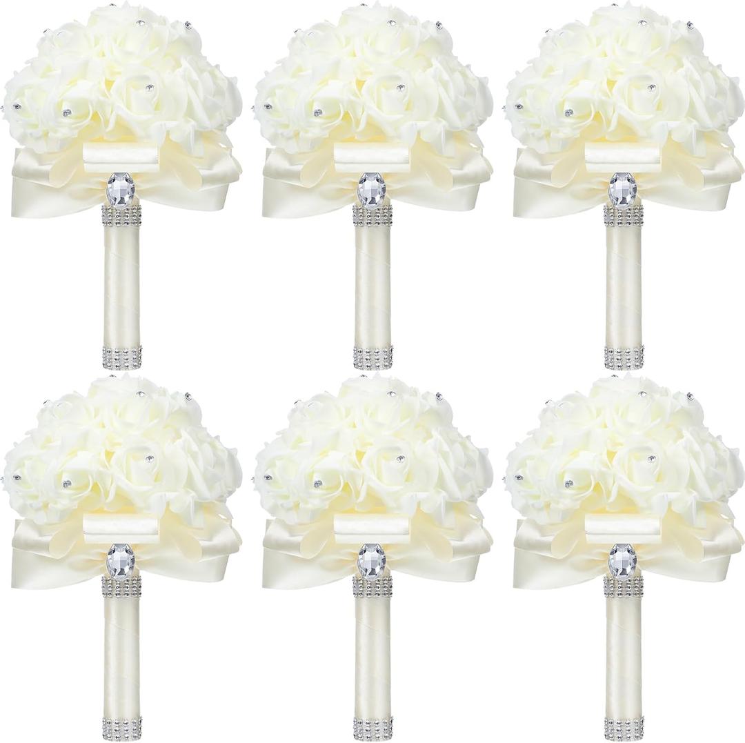 Jutom 10 Pack Wedding Bouquets for Bride Roses Bridesmaid Bouquet Bridal Bouquet Flowers Wedding Hand Holding Bouquet with Diamond Soft Ribbons for Engagement Bridal Shower Church Party (Cream)